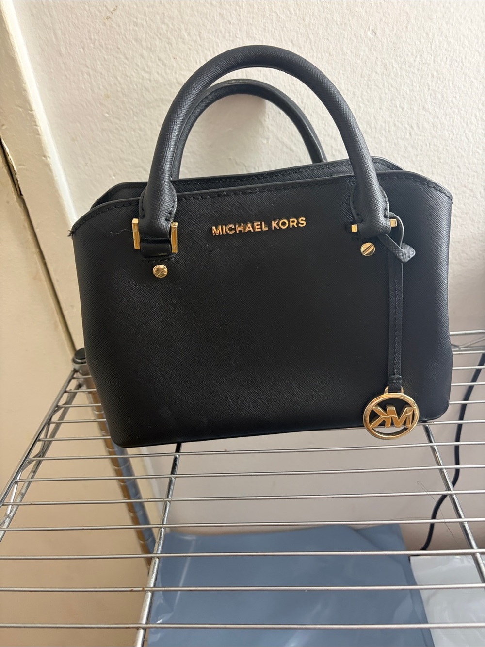 Michael Kors Black Saffiano Leather Dome Satchel with Gold Hardware